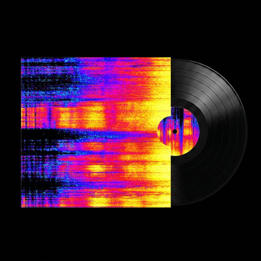 Record sleeve with a heat-map stripe pattern next to a black vinyl.