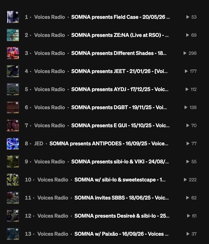 The SOMNA show list on Voices Radio, thirteen episodes with covers and play counts.