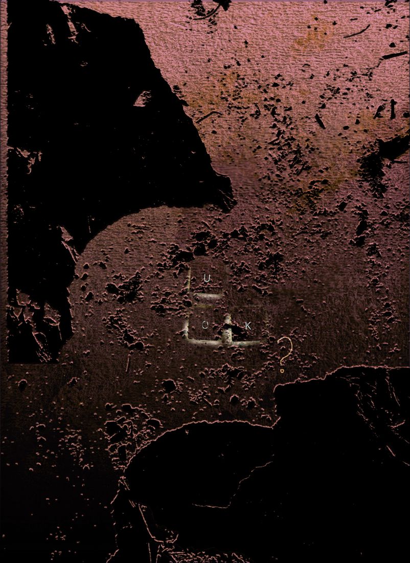 Dark pink cracked surface with a small keyboard shape spelling U OK and a question mark.