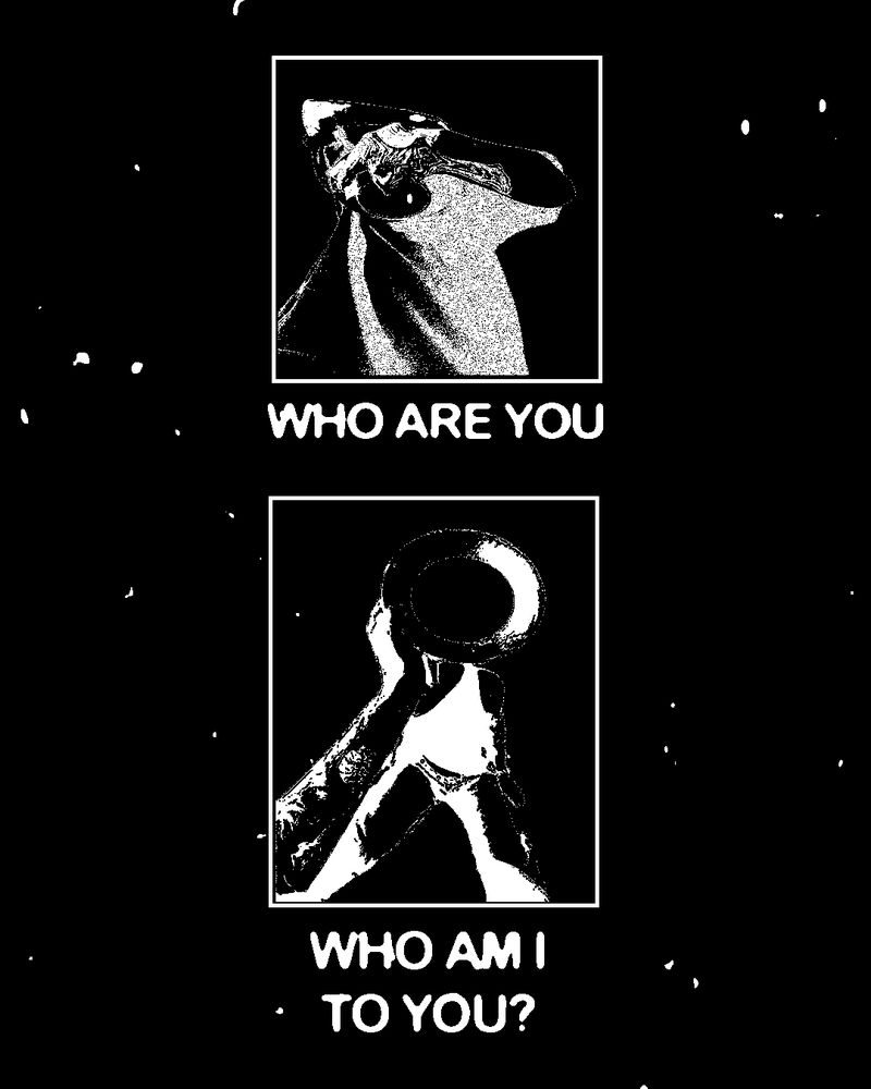 Black and white two-panel piece: who are you, who am I to you?